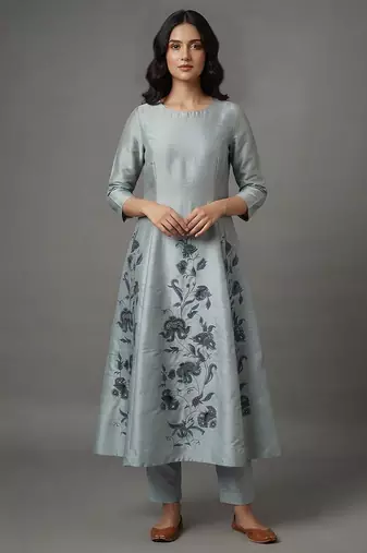 Light grey floral embroidered anarkali kurta set
