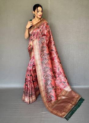 peach color kalamkari fusion print contemporary silk blend saree   1