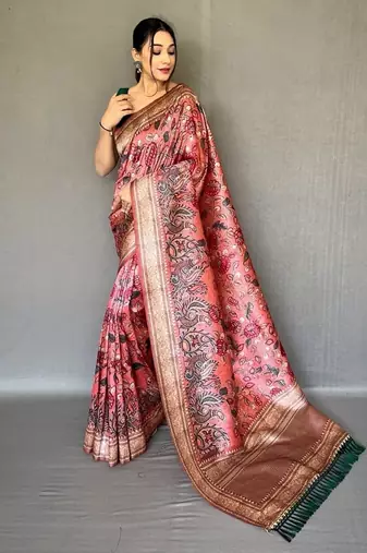 peach color kalamkari fusion print contemporary silk blend saree  