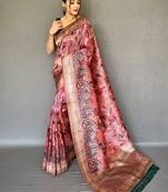peach color kalamkari fusion print contemporary silk blend saree  