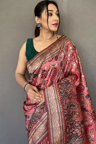 peach color kalamkari fusion print contemporary silk blend saree  