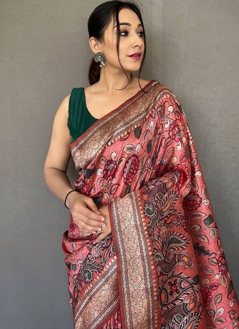 peach color kalamkari fusion print contemporary silk blend saree  