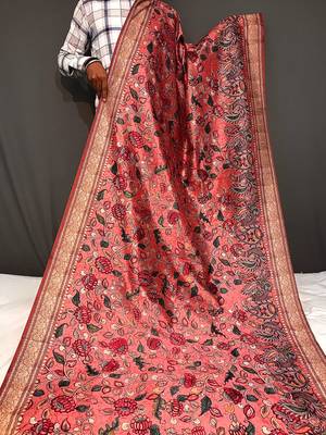 peach color kalamkari fusion print contemporary silk blend saree   3