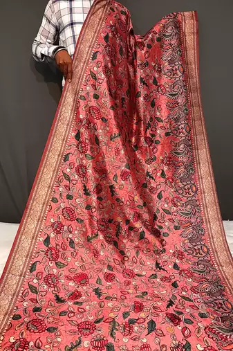 peach color kalamkari fusion print contemporary silk blend saree  