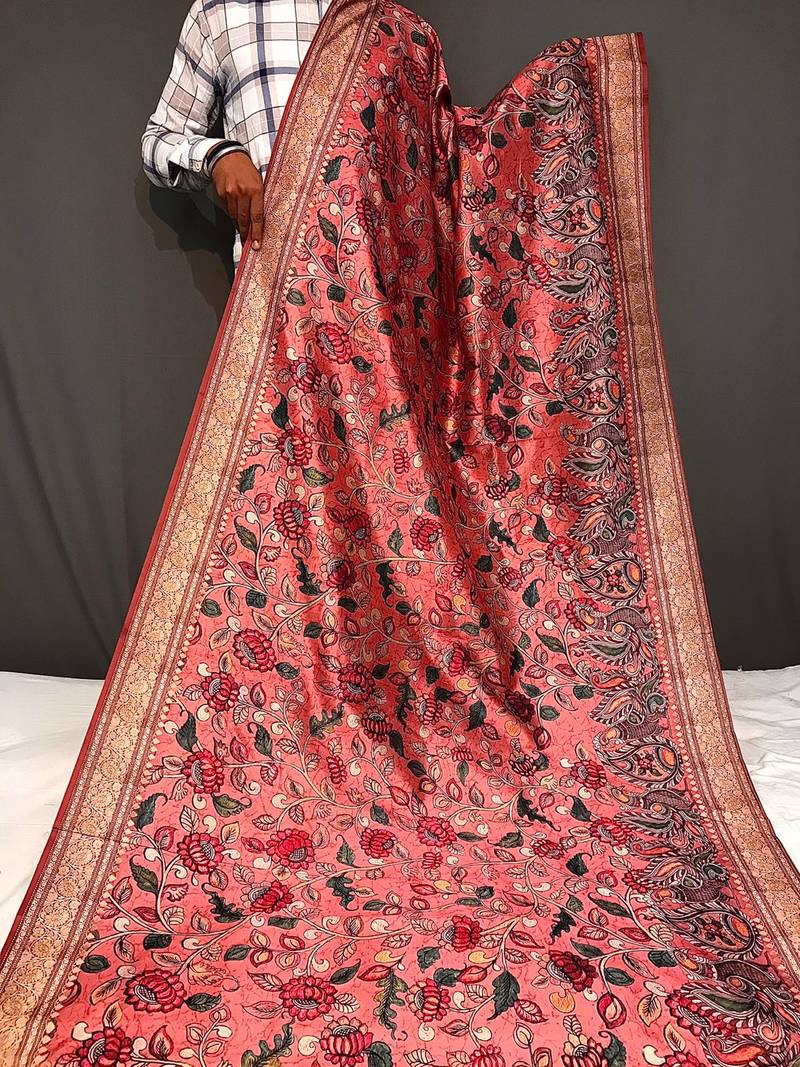 peach color kalamkari fusion print contemporary silk blend saree  