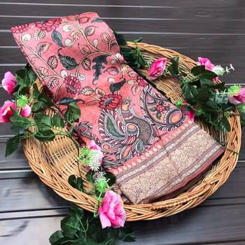 peach color kalamkari fusion print contemporary silk blend saree   4