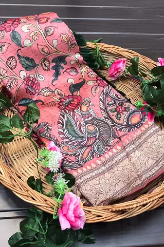 peach color kalamkari fusion print contemporary silk blend saree  