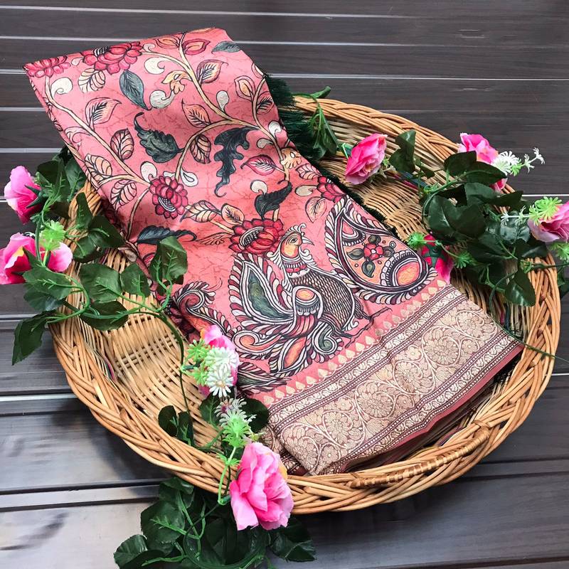 peach color kalamkari fusion print contemporary silk blend saree  