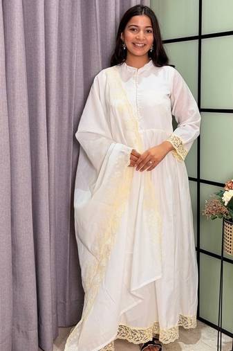 white color lace border silk blend gown set