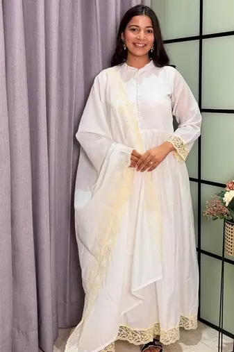 white color lace border silk blend gown set