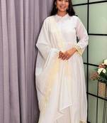 white color lace border silk blend gown set