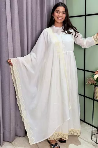 white color lace border silk blend gown set