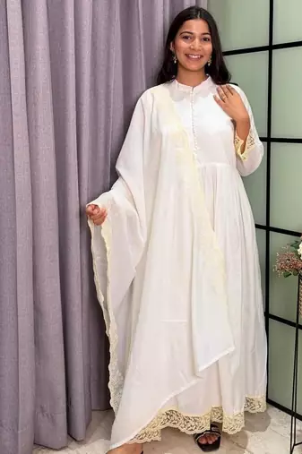 white color lace border silk blend gown set