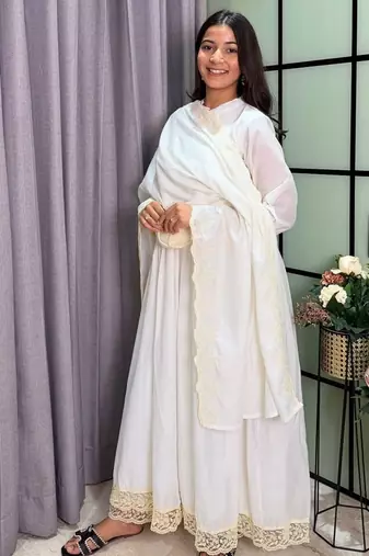 white color lace border silk blend gown set