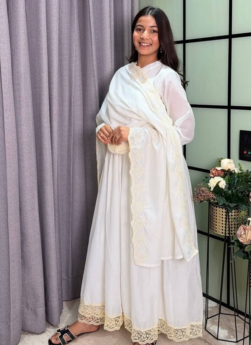 white color lace border silk blend gown set