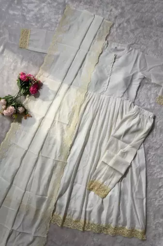 white color lace border silk blend gown set