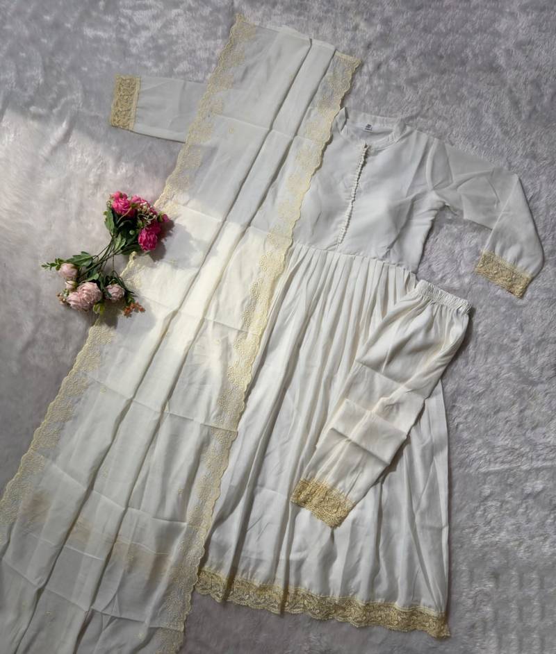 white color lace border silk blend gown set