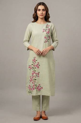 Light green floral embroidered kurta set