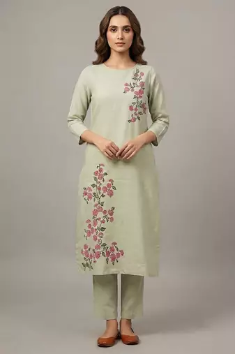 Light green floral embroidered kurta set