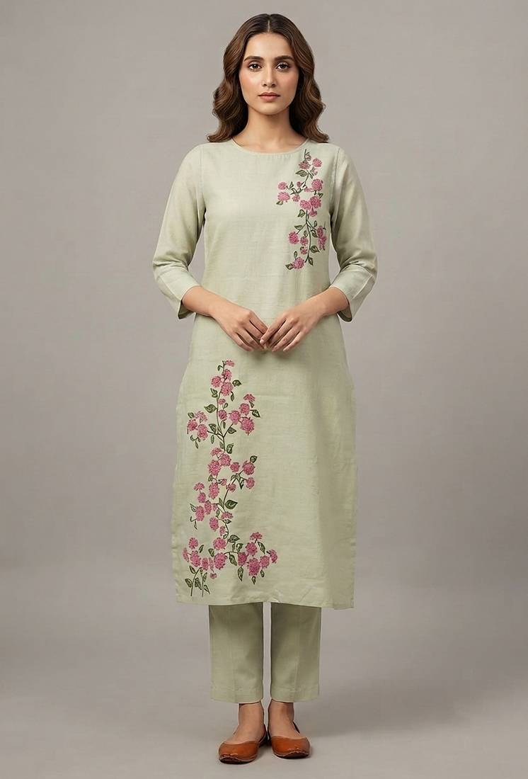 Light green floral embroidered kurta set