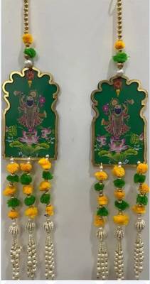 traditional shrinath ji lotus decorative hanging with green beads and tassels pack of 2 1