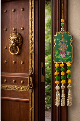 traditional shrinath ji lotus decorative hanging with green beads and tassels pack of 2 2