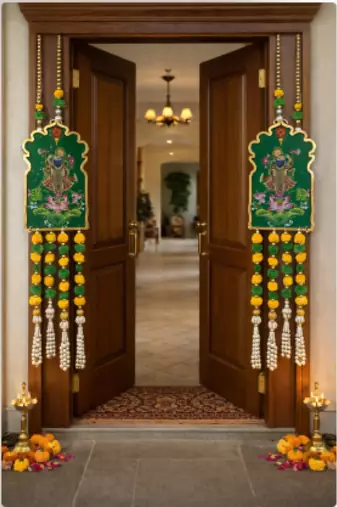 traditional shrinath ji lotus decorative hanging with green beads and tassels pack of 2