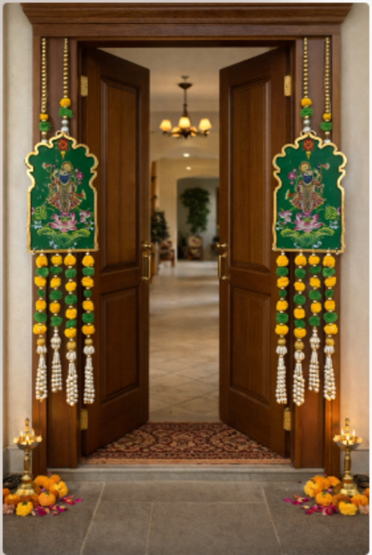 traditional shrinath ji lotus decorative hanging with green beads and tassels pack of 2