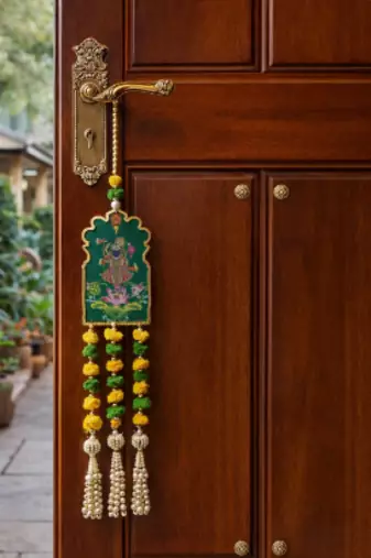 traditional shrinath ji lotus decorative hanging with green beads and tassels pack of 2