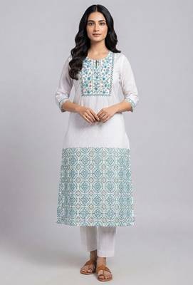 White and turquoise embroidered kurta set 1