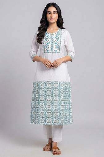 White and turquoise embroidered kurta set
