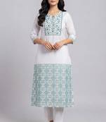 White and turquoise embroidered kurta set