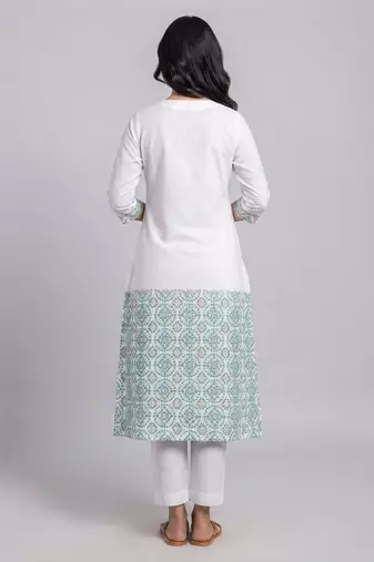 White and turquoise embroidered kurta set