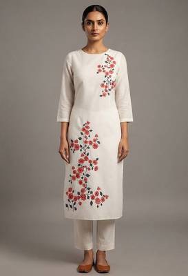 Cream red floral embroidered kurta set 1