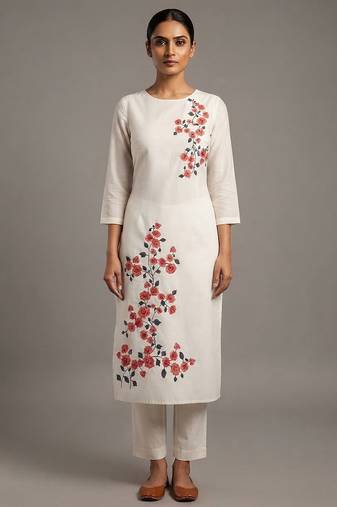 Cream red floral embroidered kurta set