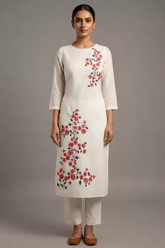 Cream red floral embroidered kurta set