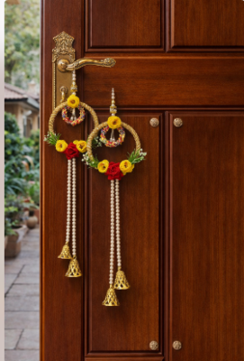 artificial flower hanging decor with golden bells for festive home decoration pack of 2 1