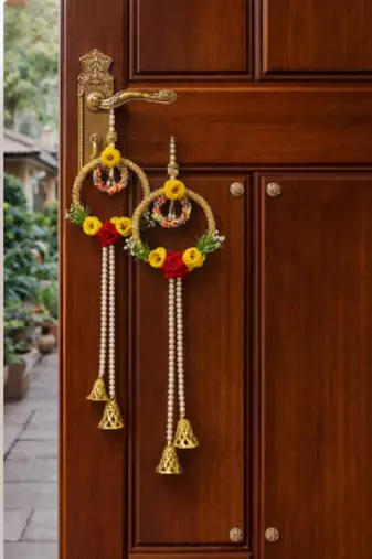 artificial flower hanging decor with golden bells for festive home decoration pack of 2