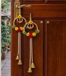 artificial flower hanging decor with golden bells for festive home decoration pack of 2