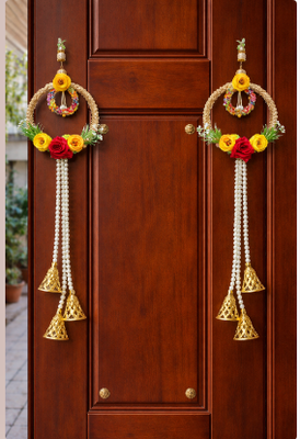artificial flower hanging decor with golden bells for festive home decoration pack of 2 2
