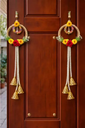 artificial flower hanging decor with golden bells for festive home decoration pack of 2