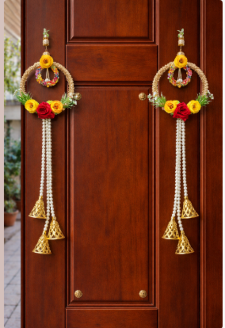 artificial flower hanging decor with golden bells for festive home decoration pack of 2