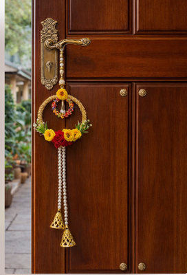 artificial flower hanging decor with golden bells for festive home decoration pack of 2 3