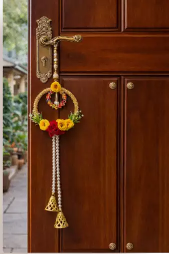 artificial flower hanging decor with golden bells for festive home decoration pack of 2