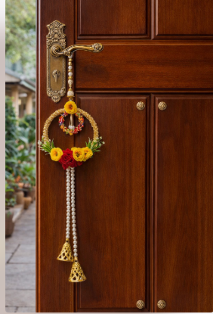 artificial flower hanging decor with golden bells for festive home decoration pack of 2