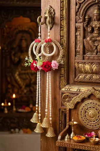artificial flower hanging decor with golden bells for festive home decoration pack of 2
