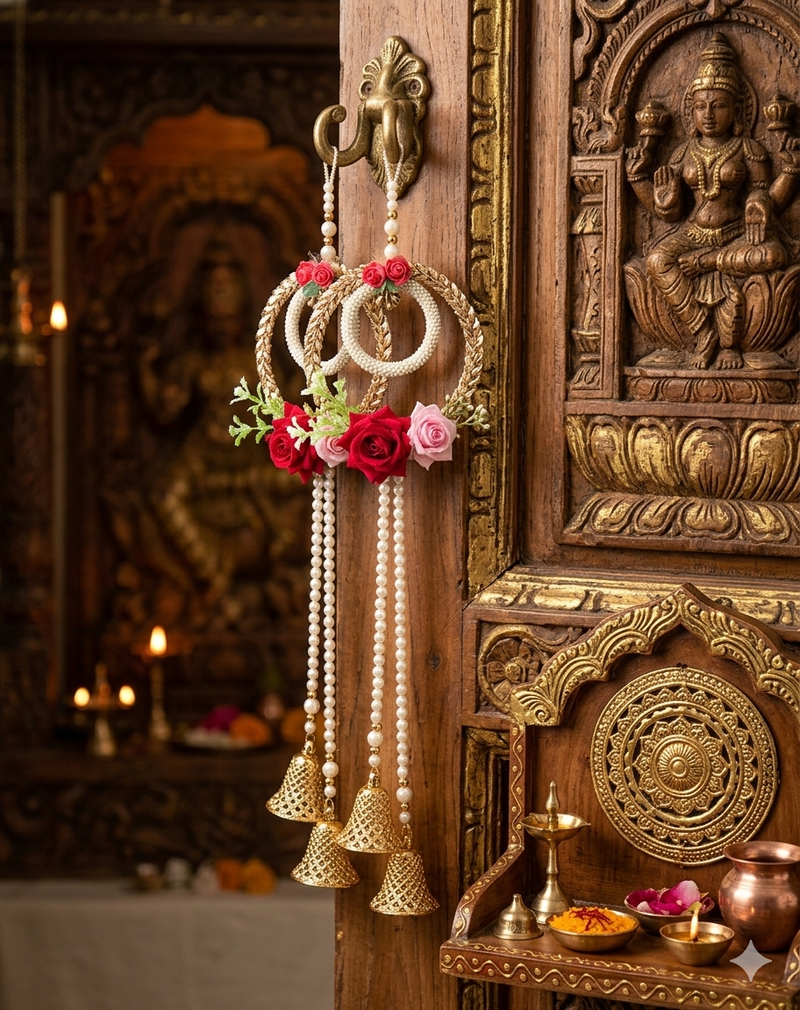 artificial flower hanging decor with golden bells for festive home decoration pack of 2