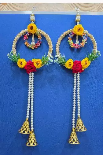 artificial flower hanging decor with golden bells for festive home decoration pack of 2
