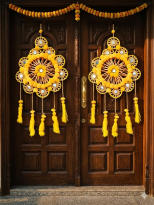 traditional yellow pom-pom decorative hanging with golden beads for door wall festive home decoration 1