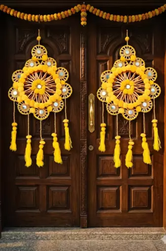 traditional yellow pom-pom decorative hanging with golden beads for door wall festive home decoration